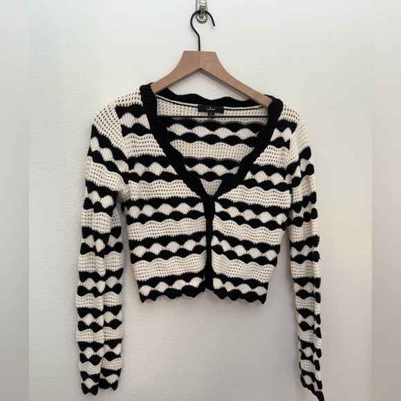 Lulus Stylish Bliss Ivory and Black Striped Crochet Cardigan Medium - Picture 2 of 8